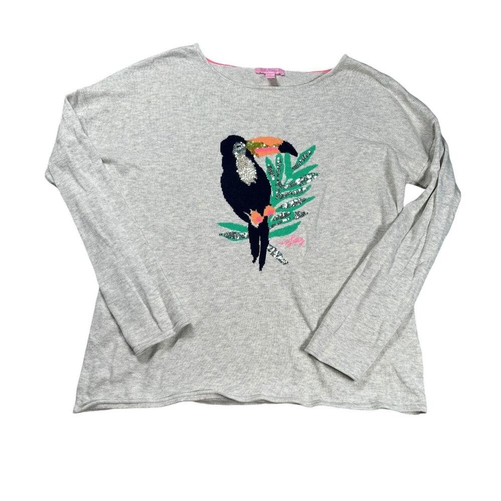 Lilly Pulitzer Toucan Sequin Sweater S Tropical Embellished Beach Preppy Gray